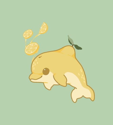 Dolphin Illustration, Cute Dolphins, Lemon Drawing, Dolphin Drawing, Cats Art Drawing, Fruit Animals, Dolphin Art, Aesthetic Yellow, Fruits Drawing