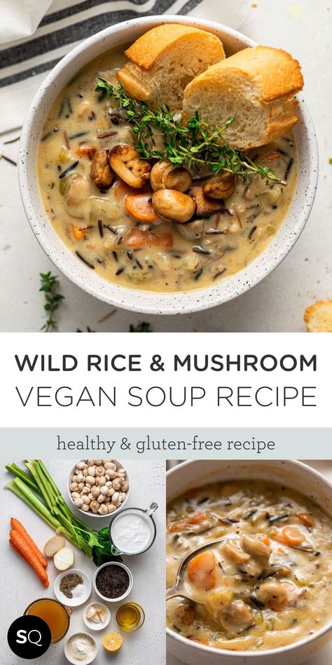 Vegan Soup Recipes Healthy, Mushroom Wild Rice Soup, Mushroom Wild Rice, Resep Vegan, Cream Soups, Wild Rice Soup Recipes, Vegan Soup Recipes, Wild Rice Soup, Tasty Vegetarian Recipes