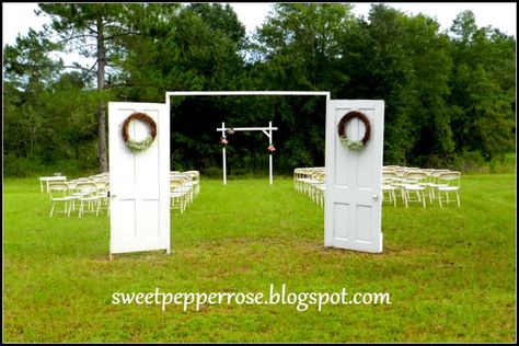 Outdoor Wedding Simple Arbor and old door entrance Wedding Doors Entrance Outdoor Ceremony, Outdoor Wedding Arbor, Arbors Wedding, Simple Arbor, Wedding Planning Notebook, Quick Wedding, Diy Outdoor Weddings, Wedding Venues Oregon, Wedding Arbor