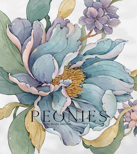 Media Jamshidi 🍃Painter & Pattern Designer on Instagram: “Chasing Peony dreams 💜✨ Link in bio for my watercolor Procreate brushes 😊 . . . #procreate #procreateart #digitalart #digitaldrawing…” Flower Decorations, Peonies, Media, Flowers, Green, Blue, White