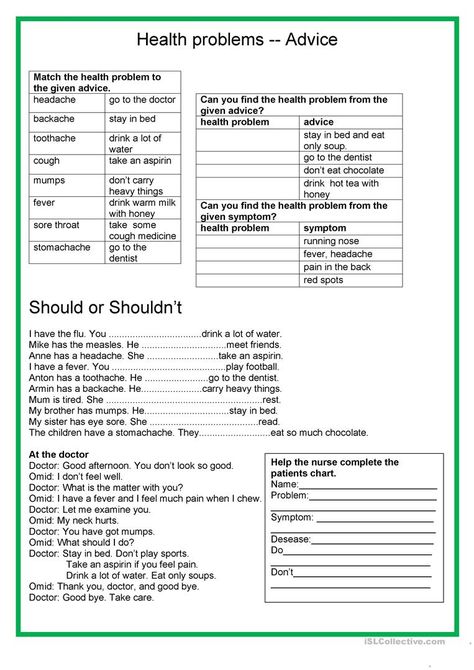 Health problems - advice - English ESL Worksheets for distance learning and physical classrooms Zero Conditional, Middle School Reading Comprehension, Giving Advice, 23rd March, Health Care Tips, English Exercises, Learn English Grammar, Middle School English, English Classroom