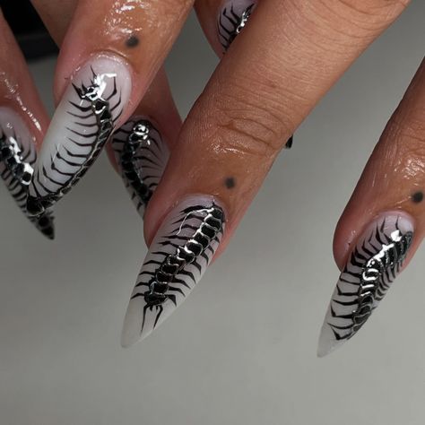 ⋆ ༺Ƹ★ (ꐦ ◣‸◢) ★ Ʒ༻ ⋆ @apresnailofficial Medium Stiletto - - #coolnails #centipede #grungenails #naildesign #nailinspo Centipede Nail Art, Centipede Makeup, Spikey Nails, Centipede Nails, Nail Ideas Stiletto, Stiletto Gel Nails, Insect Nails, Bug Nails, Web Nails