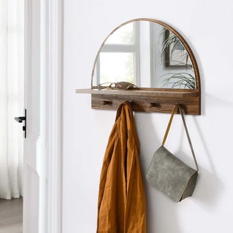 Mercer41 Schuyler Arch Wall Mirror with Hooks 20x31 Natural | Wayfair Arched Wall Mirror, Entryway Hooks, Arched Wall, Wall Mirror With Shelf, Entryway Mirror, Mirror With Hooks, Arched Mirror, Entryway Hallway, Organization And Storage