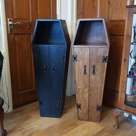 Coffin cabinets for cocktails, kitchen, bathroom storage. By Onen Emporium Coffin Shelf Diy Plans, Coffin Shelf Diy, Diy Coffin Shelf, Goth Kitchen Ideas, Victorian Coffin, Drinks Cupboard, Coffin Shelves, Coffin Decor, Coffin Shelf