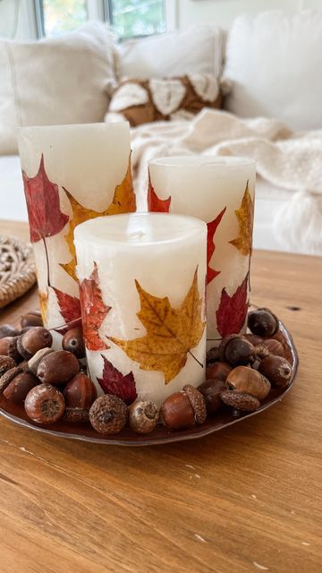 Autumn Home Decor Diy, Cottagecore Inspiration, Easy Diy Thanksgiving Decorations, Thanksgiving Centerpieces Diy, Autumn Candles, Fall Cards Handmade, Pretty Leaves, Leaf Projects, Autumn Candle