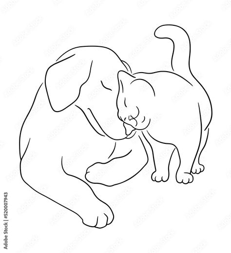 Dog And Cat Drawing, Dog With Cat, Dog Cuddle, Together Drawing, Cuddle Cat, Cat And Dog Tattoo, Dog Cuddles, Sitting Together, Drawing Template