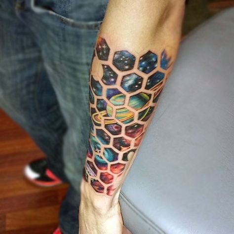 Men's Forearm Galaxy In Honeycomb Tattoo                                                                                                                                                                                 More Outer Space Tattoos, Hexagon Tattoo, Watercolour Tattoo, Honeycomb Tattoo, Tats Ideas, Colorful Tattoo, Organic Tattoo, Universe Tattoo, Galaxy Tattoo