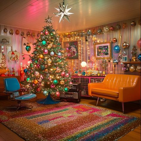 Tinsel garlands and glass ornaments make this retro Christmas tree a centerpiece for a mid-century-inspired room with bold patterns. Space Age Christmas, 1970s Christmas Aesthetic, Retro Christmas Aesthetic Decor, Vintage Eclectic Christmas Decor, Vintage Christmas Inspiration, Vintage Christmas Aesthetic Decor, 1970s Christmas Tree, Retro Christmas Decorations 1950s, 60s Christmas Aesthetic