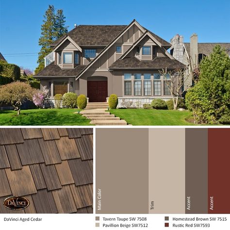 Taupe Exterior House, Cedar Siding Colors, Exterior Paint Schemes, Paint House, Siding Ideas, Outside Paint, Sunroom Addition, Roof Ideas, Cedar Roof