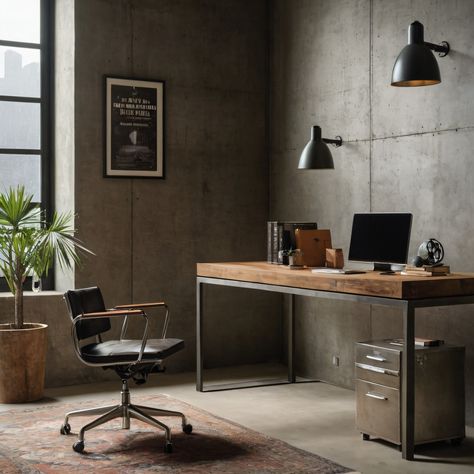 A sleek industrial home office with exposed concrete walls, metal furniture, and a large wooden desk for a modern and edgy workspace. #HomeOffice #Industrial #ConcreteWalls #MetalFurniture #WoodenDesk Large Wooden Desk, Industrial Home Office, Concrete Office, Home Office Industrial, Nordic Office, Industrial Home Offices, Wood And Concrete, Concrete Walls, Industrial Home