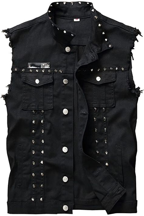 Punk Denim, Denim Vest Men, Black Denim Vest, Sleeveless Jean Jackets, Jean Jacket Vest, Denim Jacket Patches, Studded Denim, Vest Designs, Jean Vest