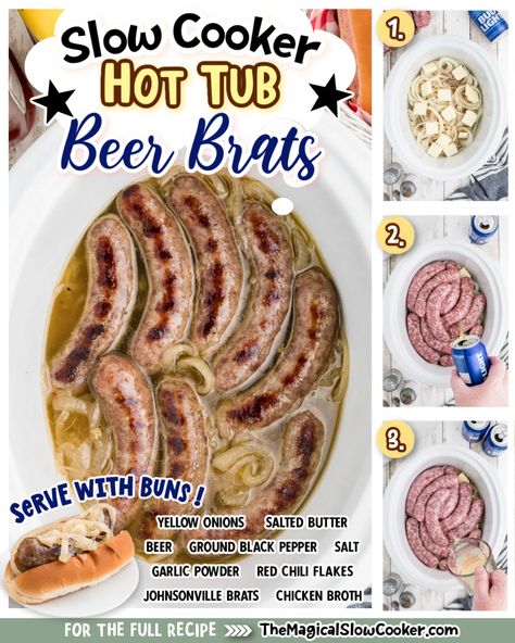 If you're looking for a unique way to serve up a package of bratwurst, then you must try this Hot Tub Beer Brats recipe. All you need are just a few kitchen staples like chicken broth, butter, onions, and beer, and you'll have cookout-ready brats in no time. Although they don't call for much seasoning, they'll grab their flavor through the cooking process and how you serve them. - The Magical Slow Cooker Brats Recipe, Beer Brats Recipe, Brats Recipes, Magical Slow Cooker, Beer Brats, The Magical Slow Cooker, Kitchen Staples, Grilled Sausage, Like Chicken