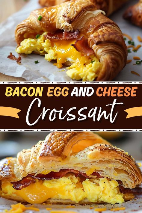 This bacon egg and cheese croissant sandwich takes one of the most iconic and indulgent breakfast combos and kicks it up a notch. You'll love it! Cream Cheese Bacon Croissants, Bacon Egg And Cheese Croissant Bake, Croissant Brunch Ideas, Crossaint Sandwich Ideas, Crossiant Breakfast Sandwich, Croissant Breakfast Pie, Crossiant Sandwich, Crossaint Breakfast Ideas, Crossaint Sandwich