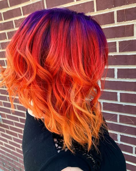 Purple Orange Yellow Hair, Red Orange Purple Hair, Fire Ombre Hair Short, Flame Red Hair Color, Red Color Melt Hair, Sunset Hair Color Short, Fire Hair Color Short, Yellow And Red Hair, Red Orange Yellow Hair