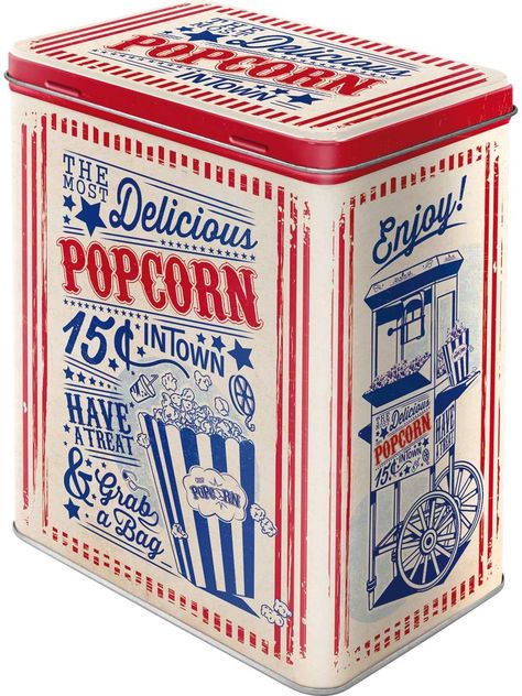 Popcorn Packaging, Popcorn Tin, Nostalgic Design, Coffee Storage, Coffee Tin, Fairy Cakes, Nostalgic Art, Tin Containers, Art Storage