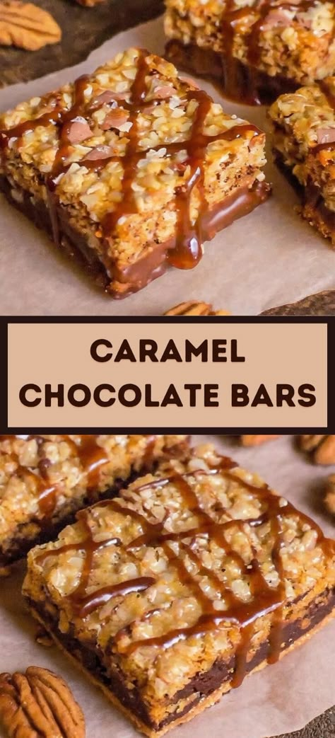 Caramel Chocolate Bars Caramel Chocolate Crunch Bars, Caramel Chocolate Bars, Oatmeal Cookie Crust, Chewy Oatmeal Cookie, Caramel Cookies Bars, Chocolate Bar Recipe, Dessert Pasta, Caramel Chocolate Bar, Cream Cheese Bars