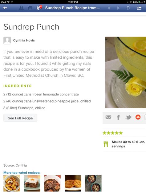 Sundrop Punch Sundrop Punch Recipe, Strawberry Cobbler, Lemonade Concentrate, Frozen Lemonade, Punch Recipe, Anniversary Ideas, Sweet Food, Punch Recipes, Fruit Drinks