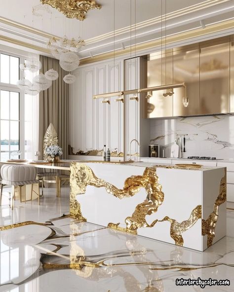 White Kitchen with Gold Accents - Interiors By Color White Gold House Interior, White And Gold Interior Design, Gold Kitchen Cabinets, White And Gold Kitchen Decor, White And Gold Interior, Marble White Kitchen, Gold Kitchen Appliances, White And Gold Kitchen Ideas, Luxury Kitchen Design White