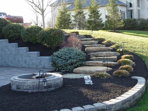 Landscape Stairs, Front Garden Landscape, Sloped Backyard, Stone Steps, Home Landscaping, Fire Pit Backyard, House Landscape, Glass Garden, Ideas Garden