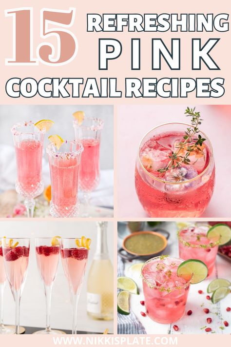 15 REFRESHING PINK COCKTAILS FOR YOUR NEXT GIRL'S NIGHT - A round-up of the 10 most delicious pink cocktails! From refreshing fruity blends to classic favorites, there's something for every taste in this list. Diy Pink Cocktail, Pink Pitcher Cocktails, Pink Colored Cocktails, Cocktails For Girls Night, Girls Night Drink Ideas, Girls Cocktail Night, Fun Cocktails Girl Night, Girly Alcoholic Drinks, Pink Cocktails Recipes