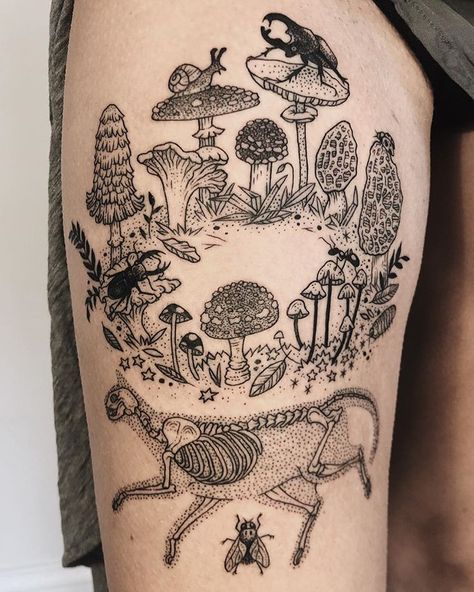 Wraparound of Entomology and mycology, with lavender and ferns. Featuring a bee, cicada, stag beetle, fly, snail, and Polyphemus moth.… Pony Reinhardt, Tatuaje Studio Ghibli, Mushroom Tattoo, 16 Tattoo, Autumn Tattoo, Mushroom Tattoos, 2021 Fashion, Pattern Tattoo, Nature Tattoos