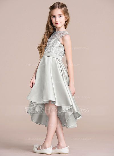 A-Line Scoop Neck Asymmetrical Satin Junior Bridesmaid Dress (009095078) - JJ's House Scoop Neck Bridesmaid Dress, Bridesmaid Dresses Satin, Girls Bridesmaid Dresses, Kids Party Dresses, Girl Dress Patterns, Kids Designer Dresses, Kids Fashion Dress, Kids Frocks