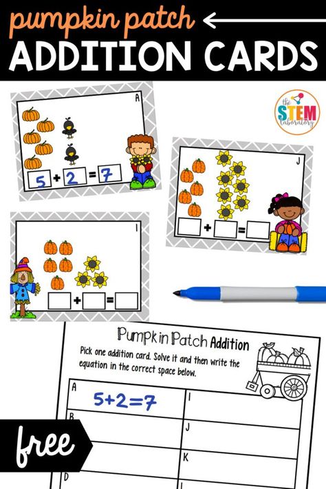 These pumpkin patch addition cards are perfect for every classrooms fall math centers! Kindergarten and first graders will love adding numbers together using a visual fall picture as a scaffold! This games even comes with a FREE recording sheet, making it a teacher favorite and easy prep. #addition #mathcenters #fallactivities Addition Small Group Activities, Addition Task Cards Free, Addition And Subtraction Math Centers, Halloween Addition Kindergarten, Math Addition Games Kindergarten, Fall Math Stations Kindergarten, Fall Math Centers Kindergarten Free, Fall Addition Activities, Free Pumpkin Math Printables