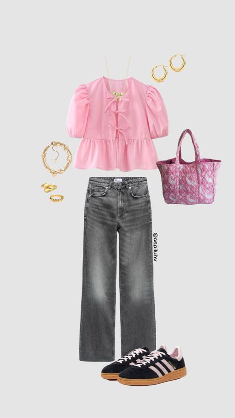 @cspiluhv outfit ideas pink blouse grey wide jeans hoops style Pink Blouses Outfit, Outfit Ideas Pink, Inspi Outfit, Lazy Day Outfits, Stockholm Fashion, Wide Jeans, Ig Stories, Outfit Inspo Fall, Girly Outfits