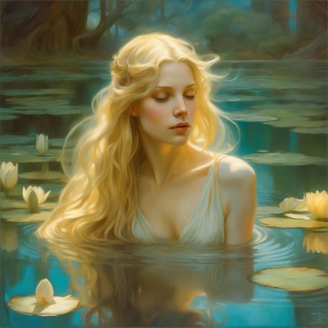 Insanely detailed oil painting of a beautiful water nymph wi... by 29 Stanmore Street - Playground River Nymph, Greek Monsters, Water Nymph, Water Nymphs, Water Drawing, Girl Pfp, Fairy Artwork, Beautiful Water, Mermaid Art