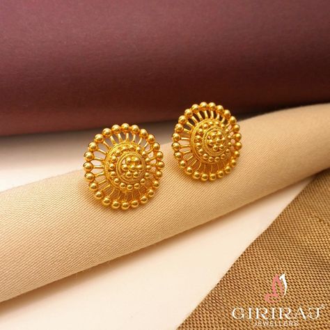 Buy Online 22k Gold Round Earrings | Giriraj Jewellers Top Earrings Gold Indian, Ear Tops Gold Indian, Earrings Gold Indian Simple, Gold Tops Earrings Indian, Studs Earrings Gold India, Indian Ornaments, Tops Earrings, Simple Rangoli With Dots, Gold Things