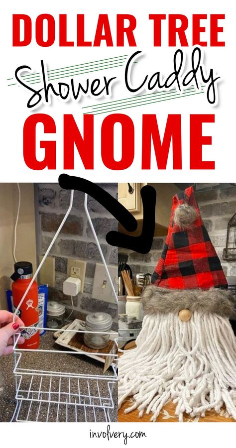 Love DIY gnomes crafts? Me too! Learn how to turn a cheap Dollar Tree store shower caddy into the cutest gnome decoration for Christmas or ANY holiday. Gnome Outside Christmas Tree, How To Make A Christmas Knomes, Dollar Tree Gnomes With Mop, Dollar Store Gnomes Crafts, Dollar Tree Nome, Dollar Tree Shower Caddy Gnome, Christmas Diy Dollar Store Craft Ideas, Dollar Tree Slipper Gnome, Easy Gnomes Diy Dollar Tree