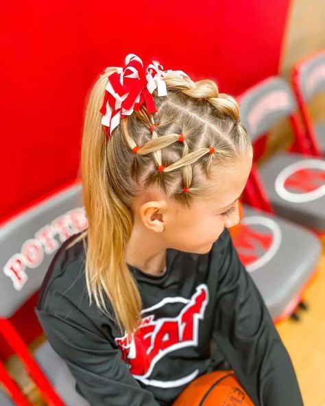 Basketball Hairstyles Kids Cheerleading Hairstyles, Gymnastics Competition Hairstyles, Gymnastics Hair For Meets, Hairstyles For Game Day, Gymnastics Hairstyles For Competition, Competition Hairstyles, Gymnastics Hairstyles, Basketball Hair, Kids Cheerleading