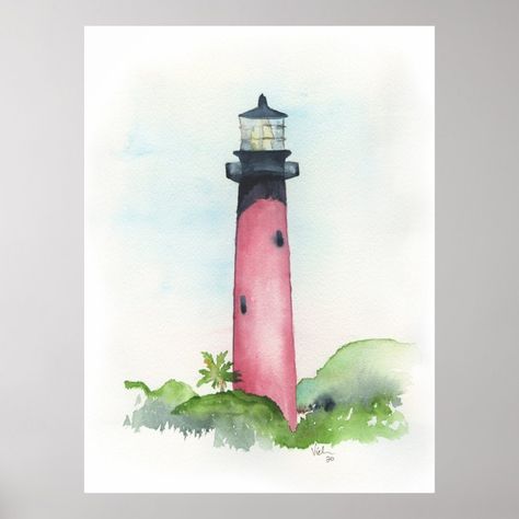 Watercolor Jupiter Lighthouse Art Poster  Zazzle Lighthouse Illustration, Florida Beach Homes, Lighthouse Poster, Jupiter Lighthouse, Tropical House Design, Beach Inspired Decor, Modern Metal Wall Art, Lighthouse Art, Wall Art Beach