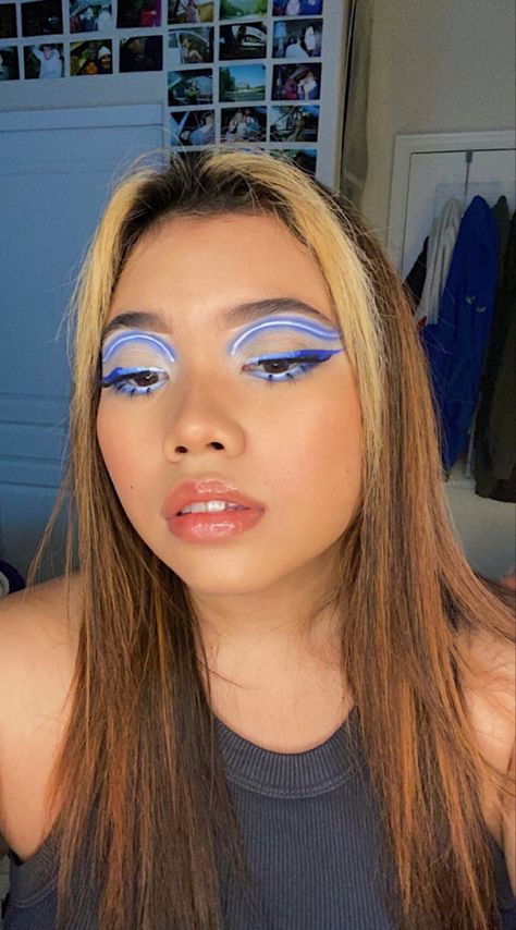 girl with blue neon inspired makeup on Neon Blue Makeup, Blue Y2k Outfit, Blue Makeup Look, Blue Makeup Looks, Neon Makeup, Blue Y2k, Winter Formal, Y2k Outfits, Blue Makeup