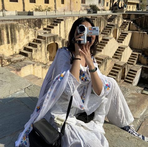 old digital camera stepwell white suit Indian Fits Aesthetic, Desi Core Outfits, Asian Photography Aesthetic, Indian Love Aesthetic, Desi Clothes Aesthetic, Indian Aesthetic Girl, Brown Girl Aesthetic Indian, Indian Culture Aesthetic, Indian Woman Aesthetic