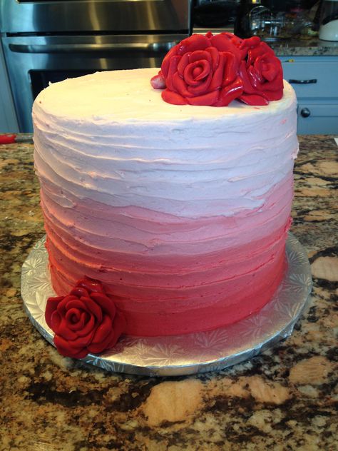 Red Ombre double tiered Red Rose Cake by Sweetest Things in Cincy Red And Pink Ombre Cake, Red Cake Decoration Birthday, Pink And Red Birthday Cake, Red Ombre Cake, Pink And Red Cake, Birthday Cake For Women Simple, Pink Ombre Cake, Violet Cakes, Cake Designs For Girl