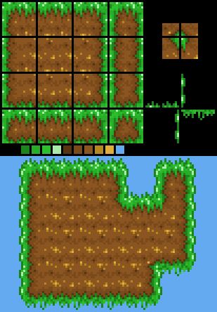 How to Design a Platformer Tileset I made this quick example to show you how my tilesets are set out: You could also add another row or so of additional tiles used to give variation or imperfection to the world. For example, you could have variations... Platformer Tileset Pixel Art, Sprite Design, Platformer Tileset, How To Pixel Art, Pixel Art Landscape, Pixel Game, Kare Kare, Pixel Art Background, Pixel Art Tutorial