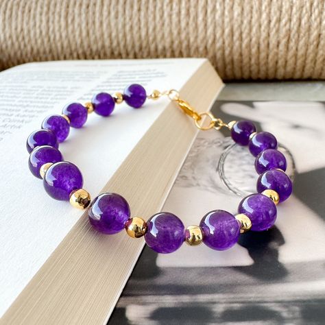 Gold Plated Bracelet with Amethyst Stone, Amethyst Crystal Bead Bracelet 8mm, Dark Purple Amethyst Bracelet, Healing Crystal, Gift for Women by sethajewellery on Etsy Crystal Bead Bracelet, Amethyst Bracelet Beads, Christmas Gifts For Sister, Mother Christmas Gifts, Purple Jewelry, Crystal Beads Bracelet, Chakra Bracelet, Amethyst Bracelet, Bracelets Handmade Beaded