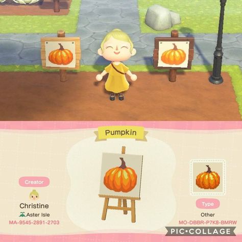 Pumpkin Sign Animal Crossing, Acnh Pumpkin Design Code, Pumkin Designs, Acnh Farmcore, Acnh Farm, Spooky Island, Motif Acnl, Pumpkin Patch Sign, Animals Crossing