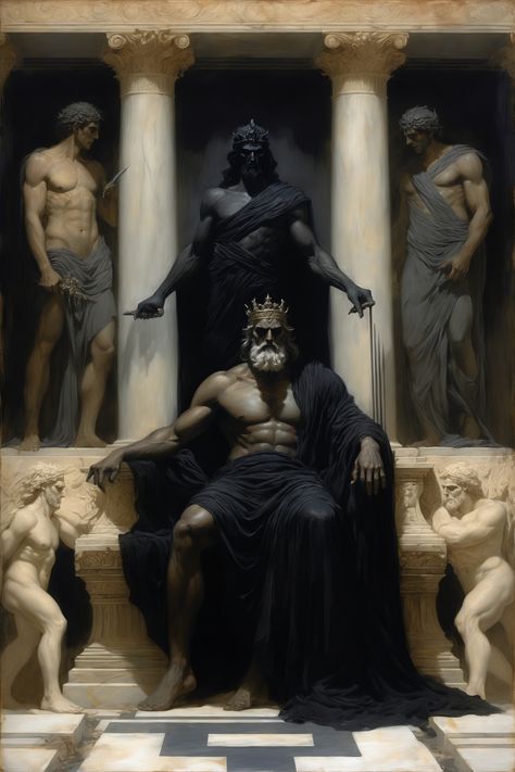 Throne of Hades: Grandeur and Darkness  Hades sits on his majestic throne, shrouded in an aura of mystery and power. The skeletons and columns surrounding him emphasize his status as the lord of the underworld. His dark robe symbolizes the darkness of the realm of the dead. This image was generated using Stable Diffusion. #ThroneOfHades #DarkMagic #RealmOfTheDead Son Of Hades Aesthetic, Hades Throne, Throne Poses, Mistic Art, Greek Gods Art, Hades Symbol, Hades Underworld, Hades Aesthetic, King On Throne