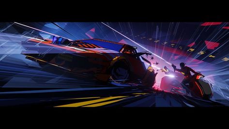 Car Chase Scene, Escape Velocity, Car Chase, Storyboard Illustration, Key Frame, Motorcycle Illustration, Underwater City, Racing Art, Graphic Poster Art