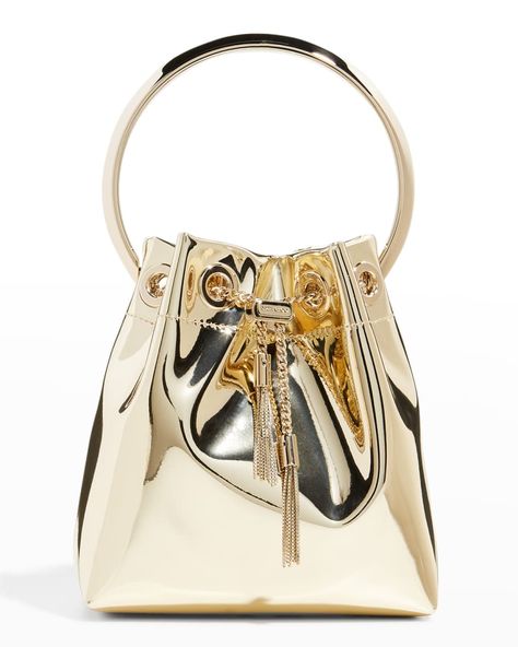 Jimmy Choo Bon Bon Metallic Top-Handle Bucket Bag | Neiman Marcus Jimmy Choo Bon Bon Bag, Chic Logo, Bucket Handbags, Ring Handle, Bon Bon, Leather Bucket Bag, Leather Bucket, Metallic Leather, Leather Top