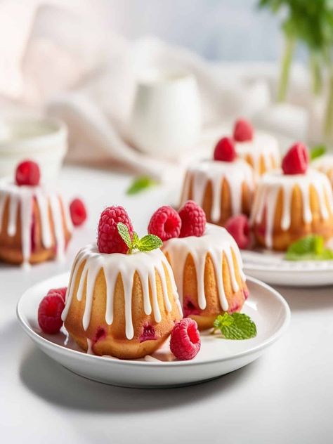 Mini Raspberry lemon bundt cake with White Chocolate glaze - White Chocolate Raspberry Mini Bundt Cake, Mini Raspberry Bundt Cakes, Bundy Cake, Mini Bunt Cake, Comidas Aesthetic, White Chocolate Glaze, Mini Bundt Cakes Recipes, Cake With White Chocolate, Cake Loaf