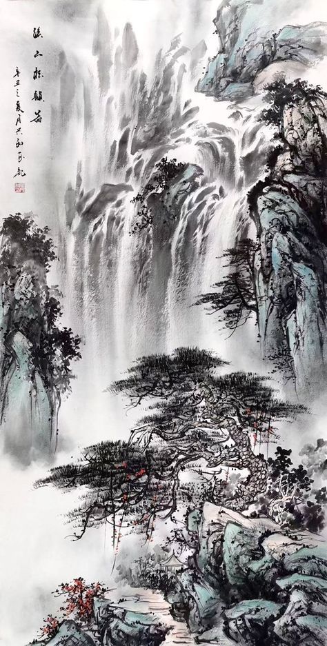 Chinese Ink Art, Waterfall Watercolor, Chinese Painting Traditional, Ancient China Art, Asian Nature, Chinese Traditional Art, Landscape Waterfall, Chinese Picture, Antique Art Prints