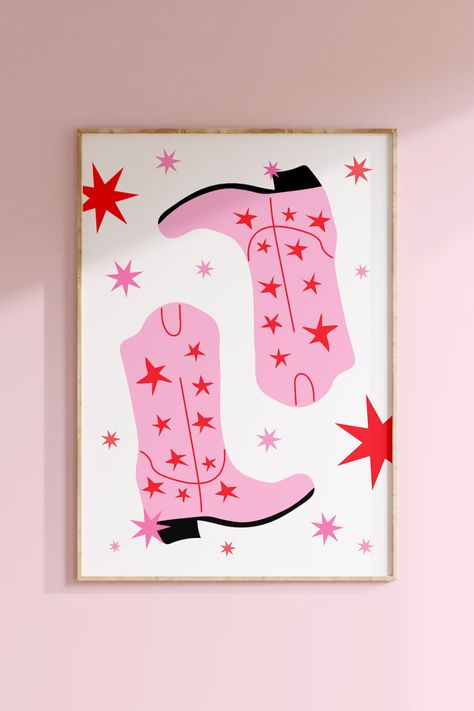 Cowboy Boots Print, Girl Power Art, Boots Print, Lets Go Girls, Pink Cowboy Boots, Power Art, Pink Cowboy, Colourful Prints, Funky Wall Art