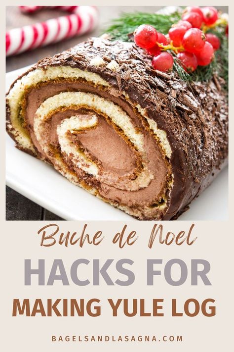 Buche de Noel or the Yule Log Cake is a quintessential chocolate Christmas dessert. This article includes hacks to make decoration and frosting the cake easier using store-bought supplies. Spice Cake Yule Log, Bush Noel Cake Christmas, Red Velvet Yule Log, Yule Log Cake Decoration, Yule Logs Decoration, Easy Yule Log Recipe, Christmas Log Cake, Log Cakes, Yule Log Cake Recipe