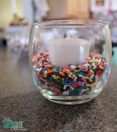 DIY Birthday Party Decor :: Place a votive candle in a jar with some colorful sprinkles. Sprinkle Birthday Party, Candle In A Jar, Birthday Party Details, Sprinkle Birthday, Sprinkles Birthday Party, Sprinkle Shower, Sprinkle Party, Sprinkle Baby Shower, Donut Party