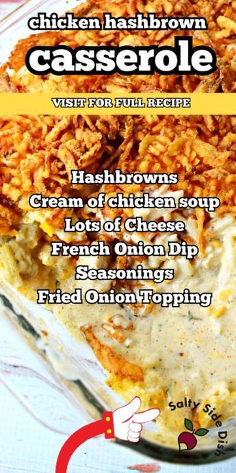 Hashbrown casserole with chicken, great for breakfast or dinner, this easy to assemble chicken casserole is different from typical sausage casseroles or hamburger casseroles. Easy, delicious, and baked, chicken hash brown casserole has just the right amount of creamy and crunch. Get full recipe from www.saltysidedish.com and many more other casseroles. French Fried Onion Chicken, Sausage Casseroles, Chicken Hash, Chicken Hashbrown Casserole, Hamburger Casseroles, Casserole With Chicken, Baked Chicken Casserole, Easy Chicken Casserole Recipes, Casserole Side Dishes