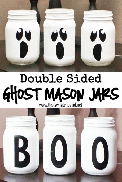 Double Sided Ghost Mason Jars at thatswhatchesaid.net. Use as lanterns, vases, candy dishes or a table centerpiece! Ghost Jar, Halloween Mason Jars Diy, Mason Jar Halloween Crafts, Crafts Love, Dekorasi Halloween, Halloween Jars, Halloween Mason Jars, Halloween Decor Diy, Halloween Crafts For Toddlers