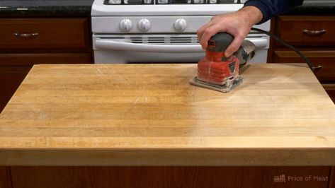 sander going over a butcher block countertop Resurface Countertops, Makita Power Tools, Butcher Block Countertop, Butcher Block Oil, Butcher Block Top, Dewalt Tools, Milwaukee Tools, Cordless Power Tools, Butcher Block Countertops